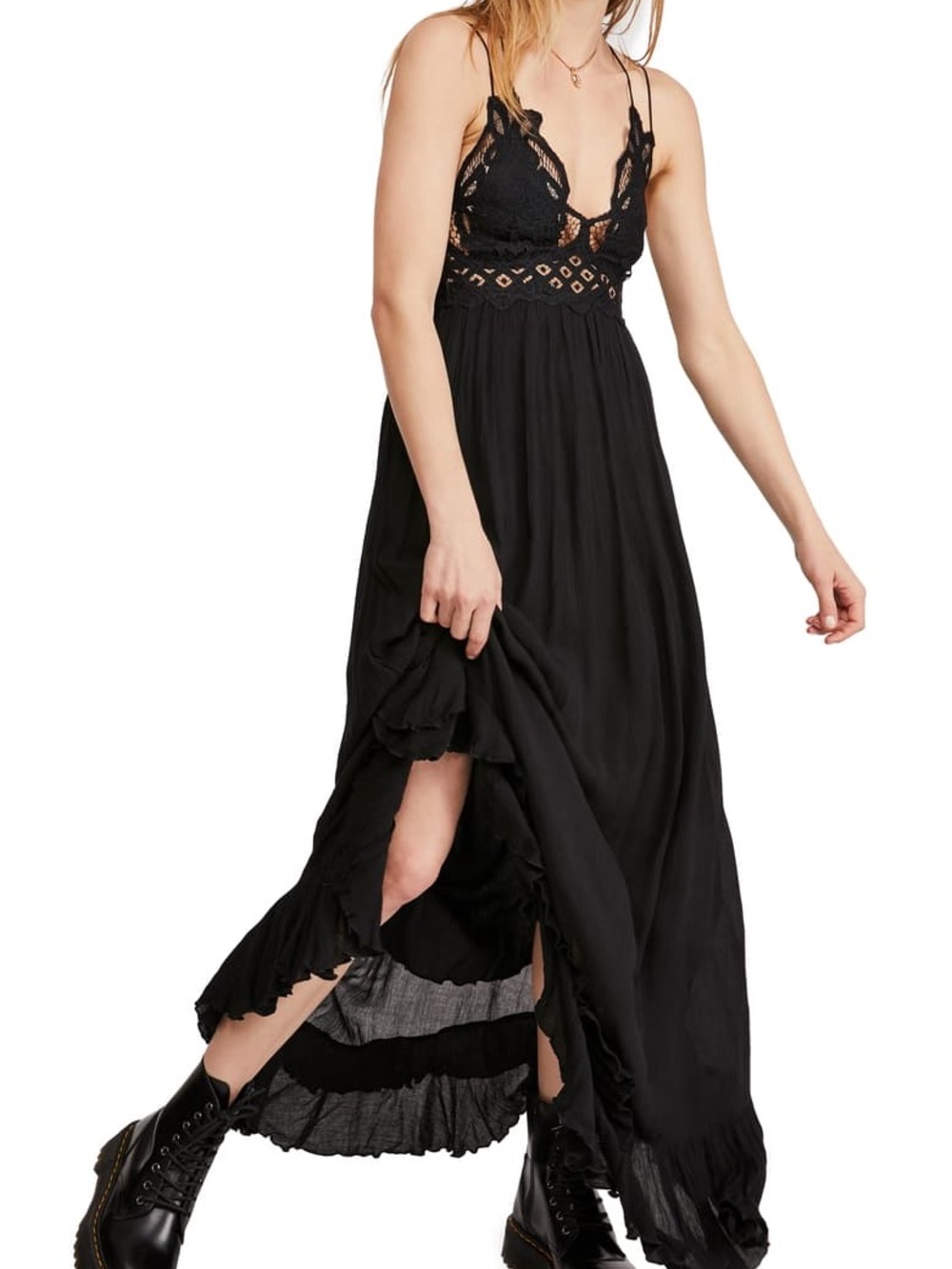 $128 NWT Free People Intimately Adella Strappy Black Lace Maxi Dress - Picture 2 of 10